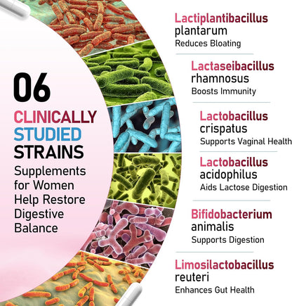 Supplemental health product with images of bacteria and listed strains for digestive health.