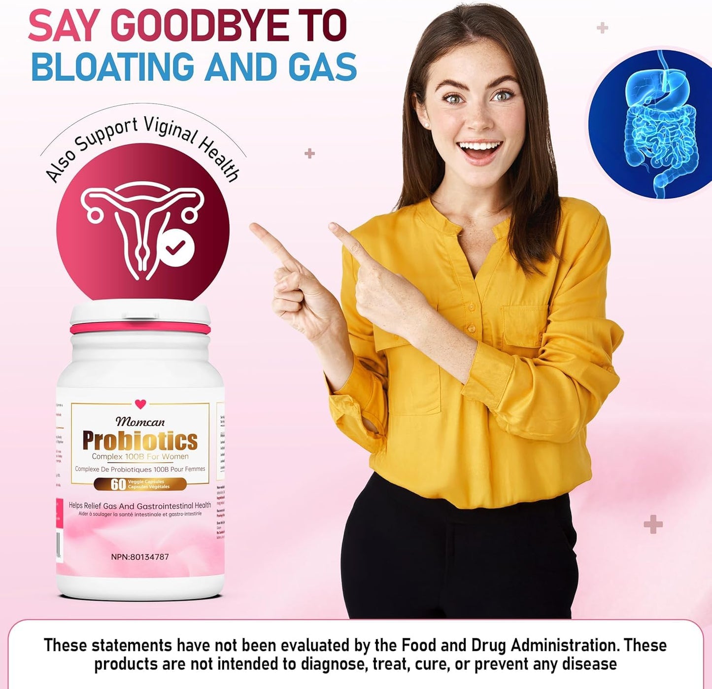 Woman pointing to a bottle of Probiotics with text about bloating, gas, and vaginal health on a pink background.