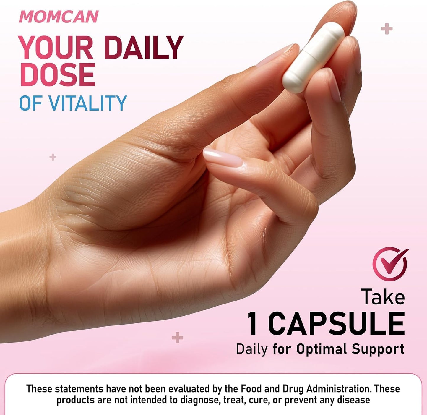 Hand holding a capsule with promotional text about daily dose of vitality on a pink background