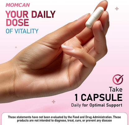 Hand holding a capsule with promotional text about daily dose of vitality on a pink background