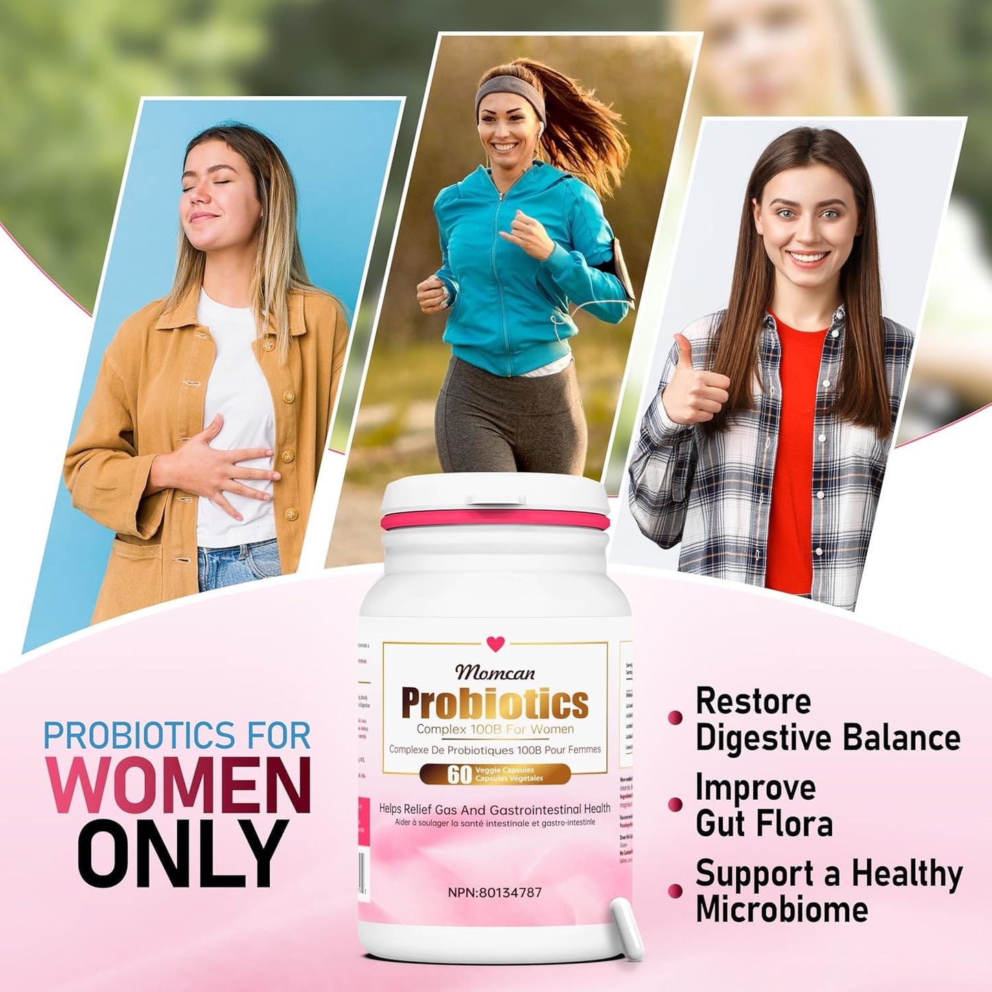 Probiotics for women with images of women and product packaging.