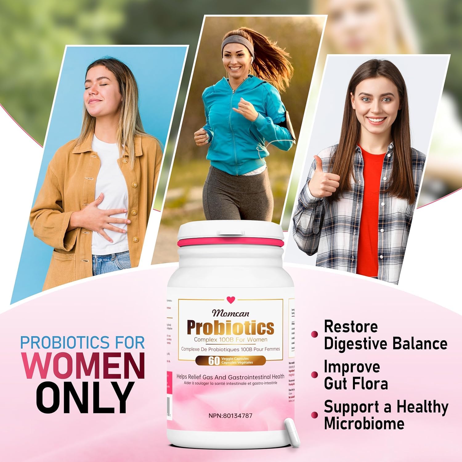Probiotics for women with images of women and product packaging.