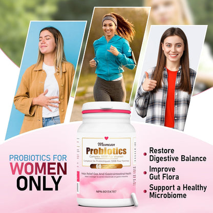 Probiotics for women with images of women and product packaging.