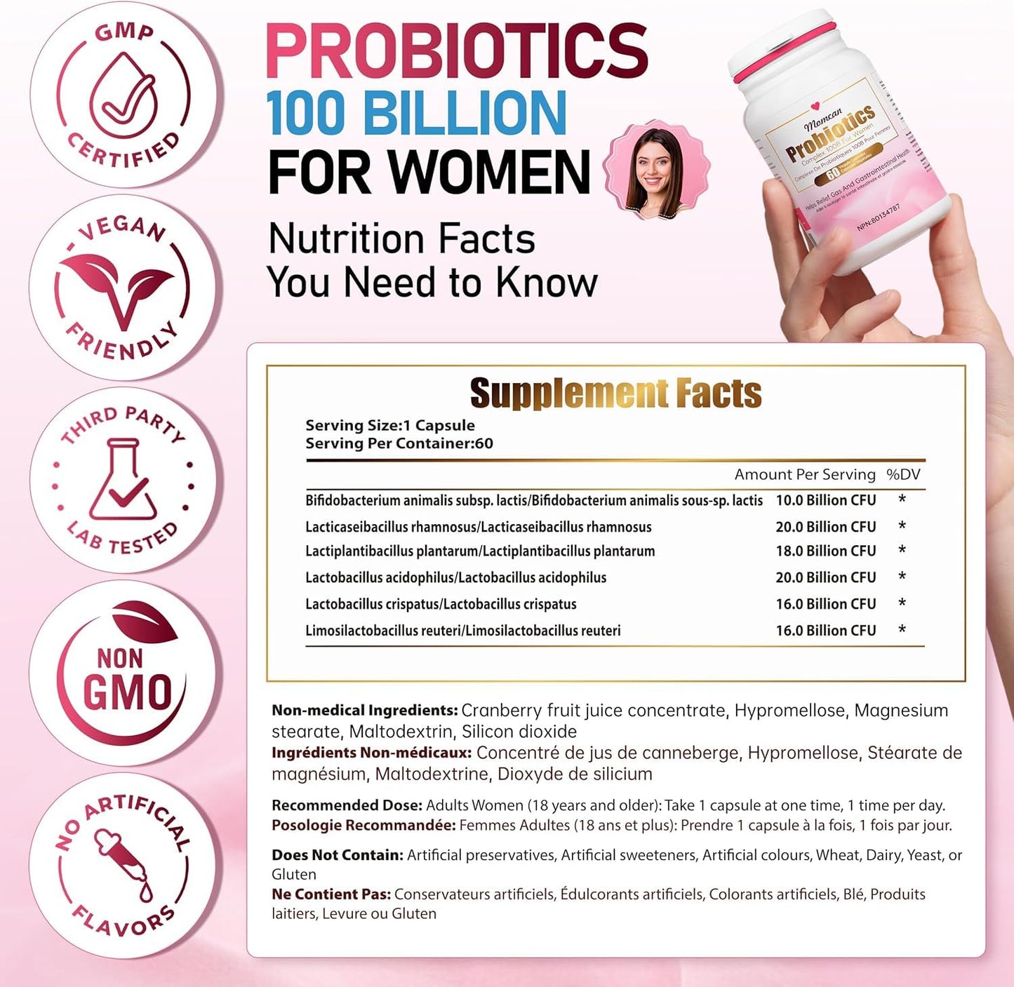 Probiotic supplement packaging with nutrition facts and certification logos on a pink background