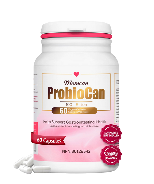Momcan Probiocan supplement bottle on a white background